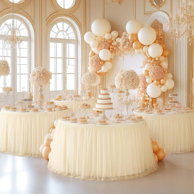 HB HBB MAGIC Champagne Tablecloth Round Table 72 inch Stretchy Elastic Fitted Round Table Cloth Cover 120 inch, Tulle Table Cloth with Skirt Wedding Birthday Party Cake Banquet Tables Decorations