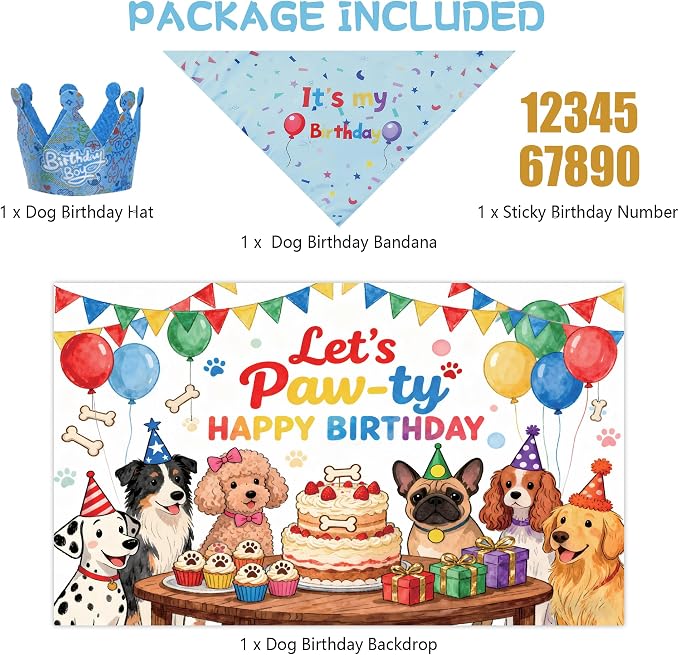 Dog Birthday Party Supplies,72X43Inch Let's Pawty Dogs Kids Birthday Party Banner Birthday Boy Cake Bandana Triangle Scarf Party Hat with Numbers for Large Medium Small Dog