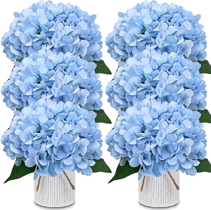 Set of 6 Faux Flower Table Centerpieces - Light Blue Artificial Hydrangeas Floral Arrangement with Rustic Metal Vase for Anniversary Wedding Tea Party Event Decorations