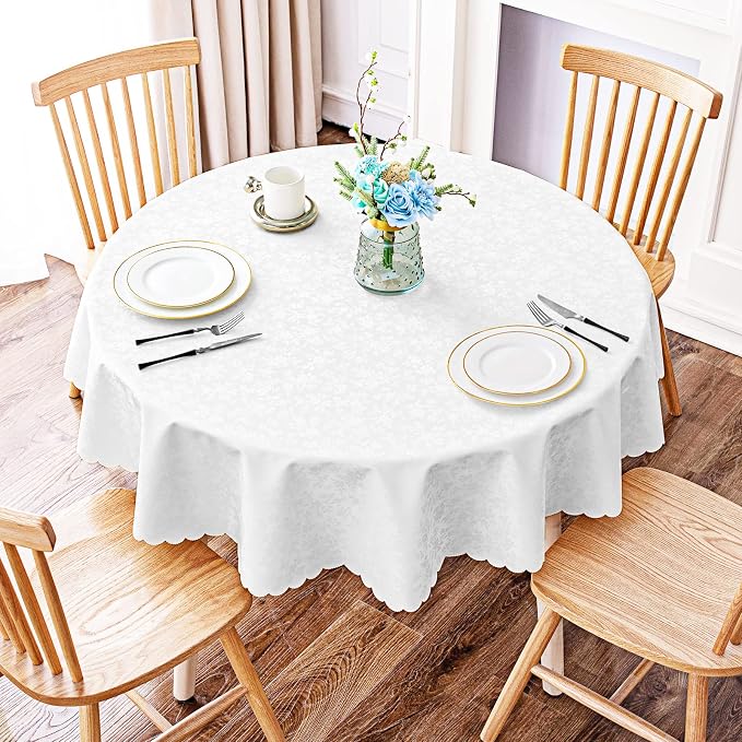 Smiry Round Table Cloth, Waterproof Heavy Duty Vinyl Tablecloths, Wipeable Washable Table Cover for Kitchen and Dining Room (White, 60" x 60")