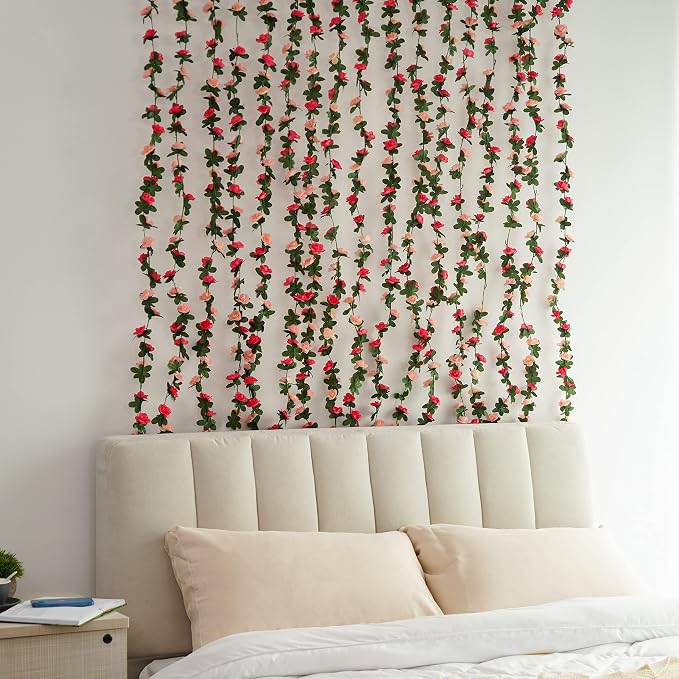 BLEUM CADE 12Pcs 98.4Ft Flower Garland Artificial Rose Vines for Bedroom, Cute Fake Hanging Flower Vines Floral Garland Decorations for Wedding Party Wall Room Decor Aesthetic