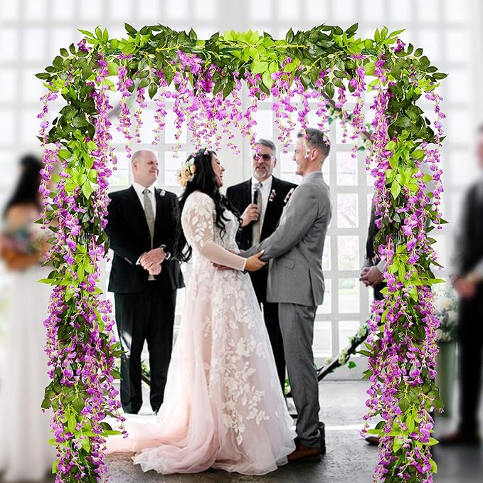 Lvydec Wisteria Artificial Flowers Garland, 4 Pcs Total 28.8ft Artificial Wisteria Vine Silk Hanging Flower for Home Garden Outdoor Ceremony Wedding Arch Floral Decor (Purplish Red)