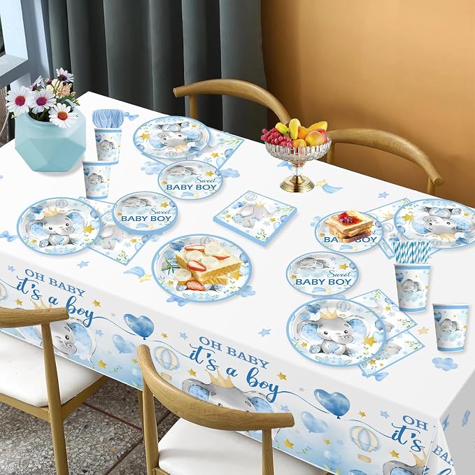 cocomigo 260PCS Elephant Baby Shower Decorations, All-in-1 Party Pack, Includes 20 Elephant Theme Tableware, Backdrop Tablecloth Balloon Kit for Baby Shower Decorations Boy