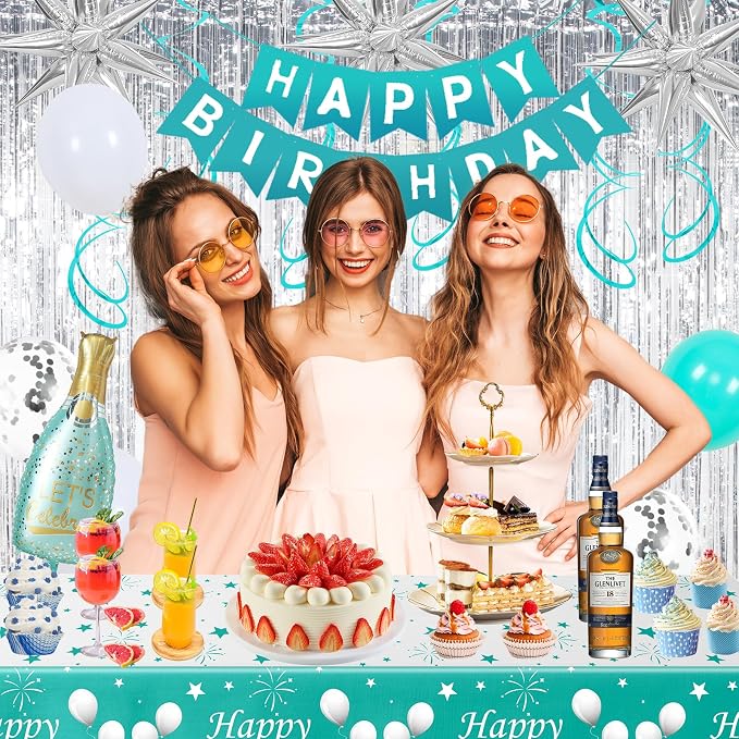 Teal Birthday Decorations for Women Girls, Turquoise Birtihday Decorations Brthday Party Decoartions with Happy Brithday Banner Balloons Arch Fringe Curtains Tablecloth Wine Bottle Birthday decor