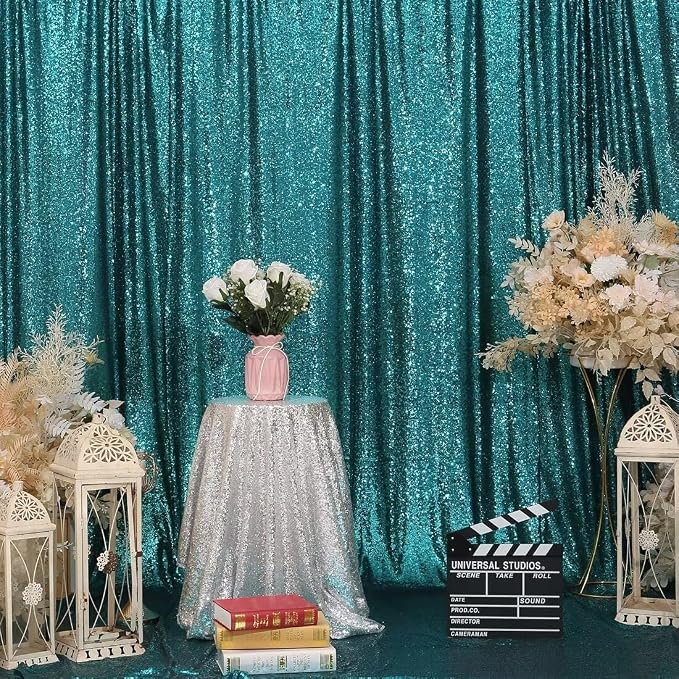 Eternal Beauty Teal Sequin Backdrop, 8x10 Ft Glitter Background Curtains for Shimmer Photography Party Wedding Birthday Back Drop Decor