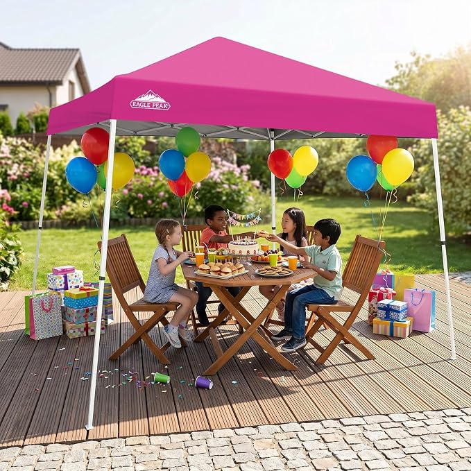 EAGLE PEAK 10x10 Slant Leg Pop-up Canopy Tent Easy One Person Setup Instant Outdoor Beach Canopy Folding Portable Sports Shelter 10x10 Base 8x8 Top (Pink)