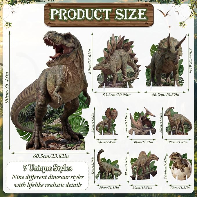 9 Pcs Realistic Dinosaur Party Decorations Set, Large Dinosaur Cutouts with Stand, Jurassic Theme Birthday Decor, Photo Props for Party Supplies