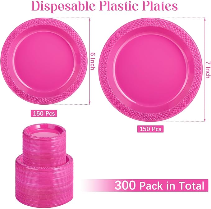 Kochorie 300 Pack Hot Pink Plates 7" & 6" Disposable Plastic Plates Round Dessert Plate Set Food Grade, BPA-Free, Heavy Duty Dinner Tableware for Bulk Party Events, Weddings, Birthdays Supplies