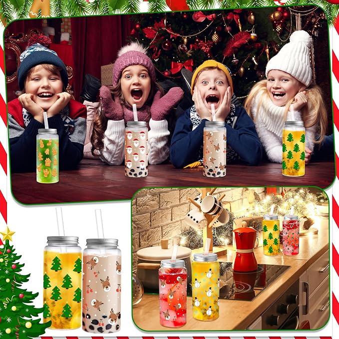 Skylety 30 Pcs Christmas Plastic Cups with Lids and Straws 13.5 oz Tree Gingerbread Snowman Santa Claus Elk Candy Reusable Plastic Tumbler Christmas Party Decor for Xmas Women Birthday Party Supplies