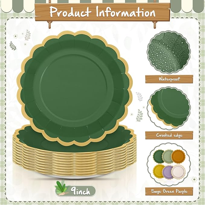 48 Pcs Nature Wedding Paper Plates 9 Inch Sage Green Purple Scalloped Paper Disposable Dinner Dessert Plates for Birthday Wedding Bridal Party Supplies, 6 Colors