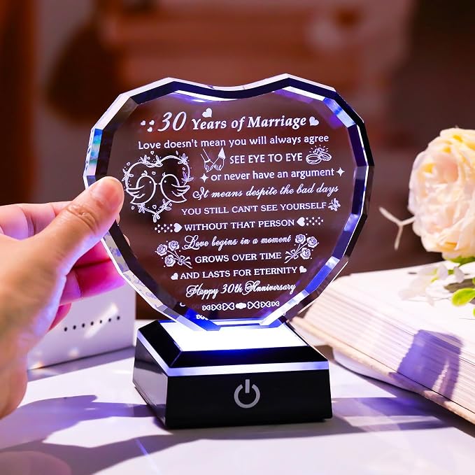 Arikyrist 30th Wedding Anniversary Crystal Heart Gifts for Couples Parents, Laser Engraved 30 Year Anniversary Crystal Keepsake Gifts for Wife Husband, Romantic 30 Years of Marriage Gift for Her Him