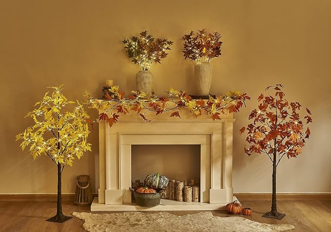 LITBLOOM Lighted Fall Garland with Timer 6FT 24 Warm White LED, Maple Leaf Vine with Lights Battery Operated for Mantle Fireplace Autumn Thanksgiving Harvest Decoration Indoor Outdoor