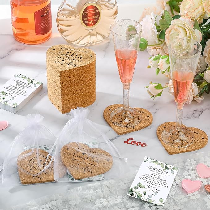 25 Sets Rustic Wedding Favor Coasters, Heart Cork Coasters for Guests, Mr & Mrs Coaster Favors with Thank You Cards & Organza Bags, Bridal Shower Party