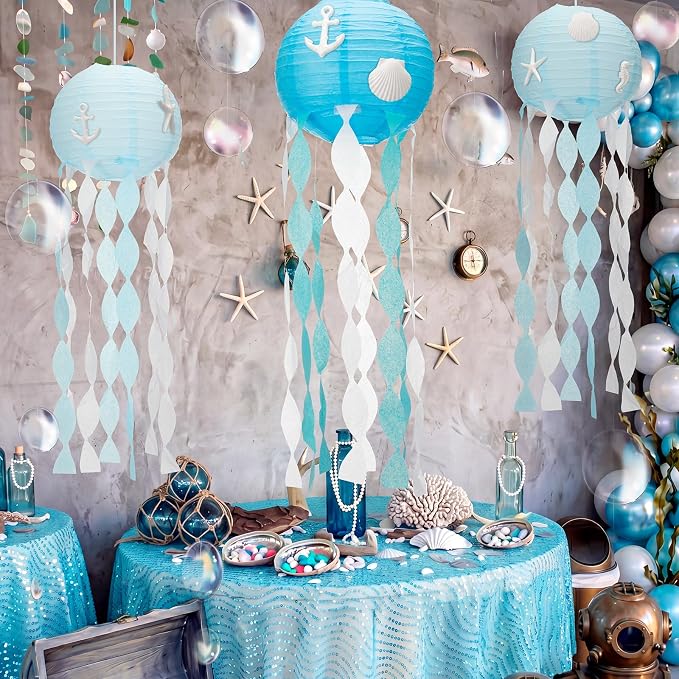VioraWhite 21 Pcs Ocean Beach Birthday Party Decorations 6 Pcs 9.8'' Hanging Jellyfish Paper Lanterns 12 Resin Shell 2 Bubble Garlands for Nautical Under The Sea Mermaid Baby Shower Birthday Decor
