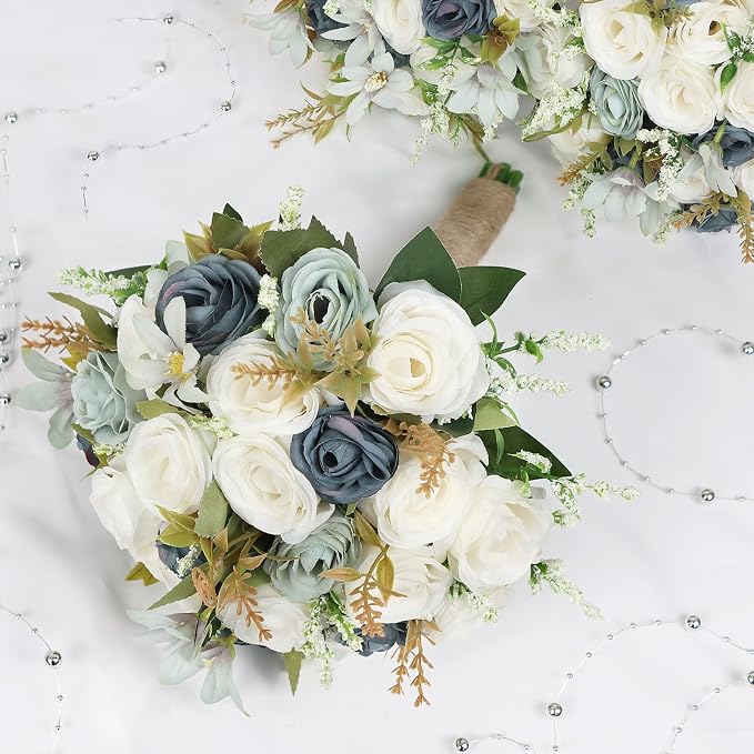 Set of 6 Bridesmaid Bouquets for Wedding - 7 Inch Artificial Rose Flower Bouquet for Bridesmaids Premade Floral Bouquets Party Ceremony Anniversary Decor - Dusty Blue