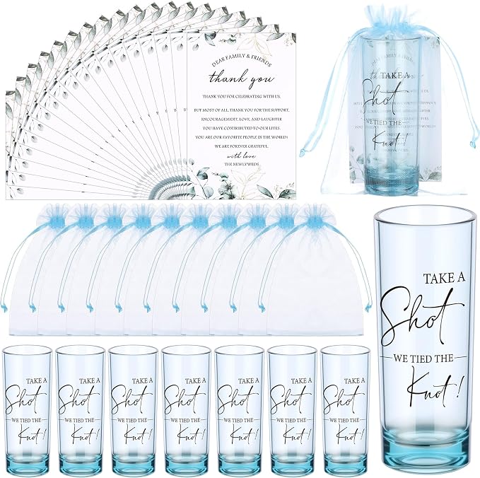 Sliner 150 Set Wedding Favors for Guests Bulk 2oz Acrylic Take a Shot We Tied the Knot Shot Glasses with Thank You Cards Organza Bags for Guest Souvenir Wedding Bridal Shower Gifts (Blue,Black)