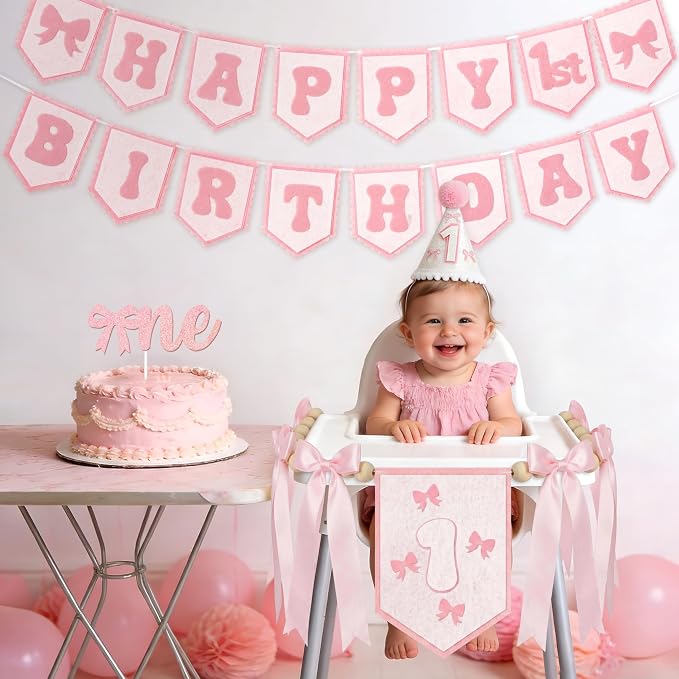 THAWAY 1st Birthday Decorations Girl - Pink First Birthday Decorations for Girl with One High chair banner, Felt Banner, Hat and Glitter Cake Topper for Baby Girl Birthday Photoshoot Props
