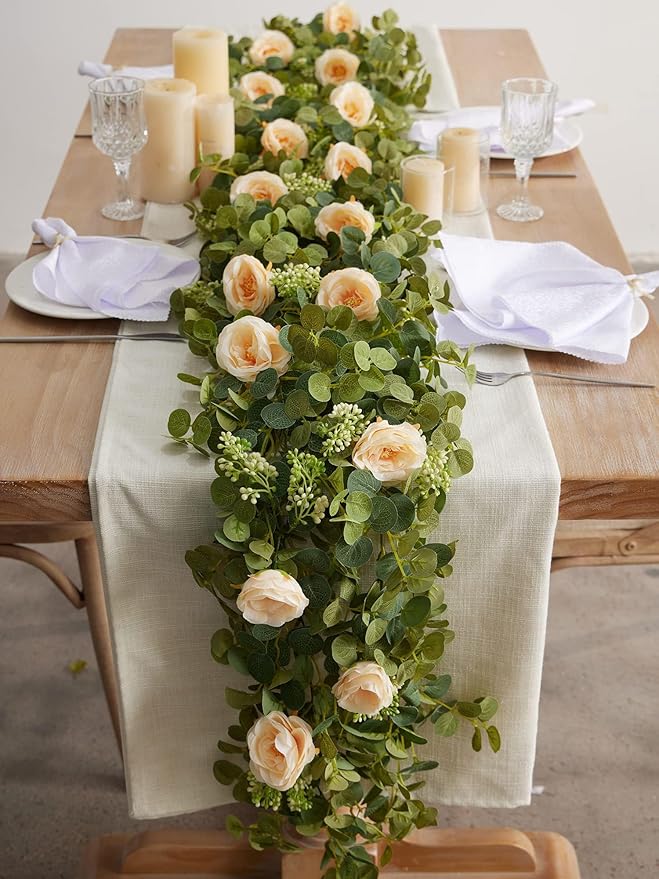 PARTY JOY 2pcs 6.56ft Eucalyptus Garland with Flowers-8 Champagne Roses-Lush,Natural Looking, Floral Garland Greenery for Party Wedding Table Indoor Outdoor Backdrop Wall Decor（Champagne）
