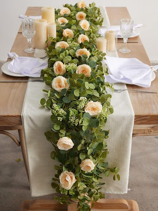 PARTY JOY 2pcs 6.56ft Eucalyptus Garland with Flowers-8 Champagne Roses-Lush,Natural Looking, Floral Garland Greenery for Party Wedding Table Indoor Outdoor Backdrop Wall Decor（Champagne）