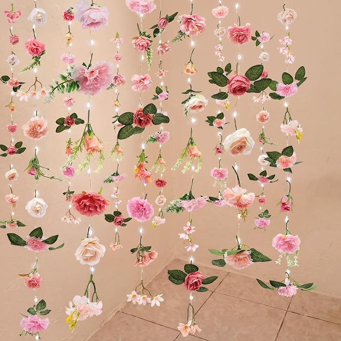 Suncalla 6 Pack 35.4ft Fake Flower Garland Backdrop with LED Lights Hanging Wildflower Floral Vine Decorations for Wedding Bridal Shower Birthday Baby Shower Party Backdrop(Bright,Pink)