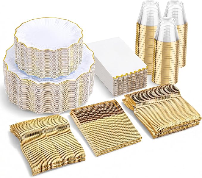 I00000 350 PCS White and Gold Plastic Plates for 50 Guests, Premium Scalloped Disposable Dinnerware Set Include: 100 Disposable Plate, 50 Napkins, 50 Cups, 50 Silverware Set for Party & Wedding