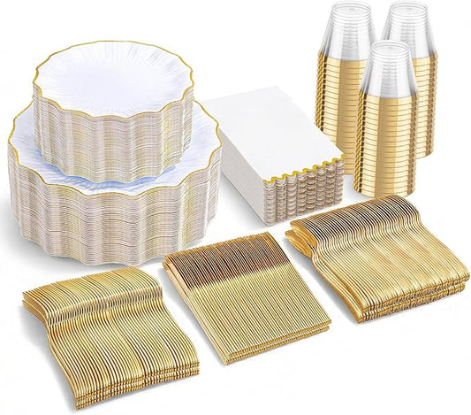 I00000 350 PCS White and Gold Plastic Plates for 50 Guests, Premium Scalloped Disposable Dinnerware Set Include: 100 Disposable Plate, 50 Napkins, 50 Cups, 50 Silverware Set for Party & Wedding