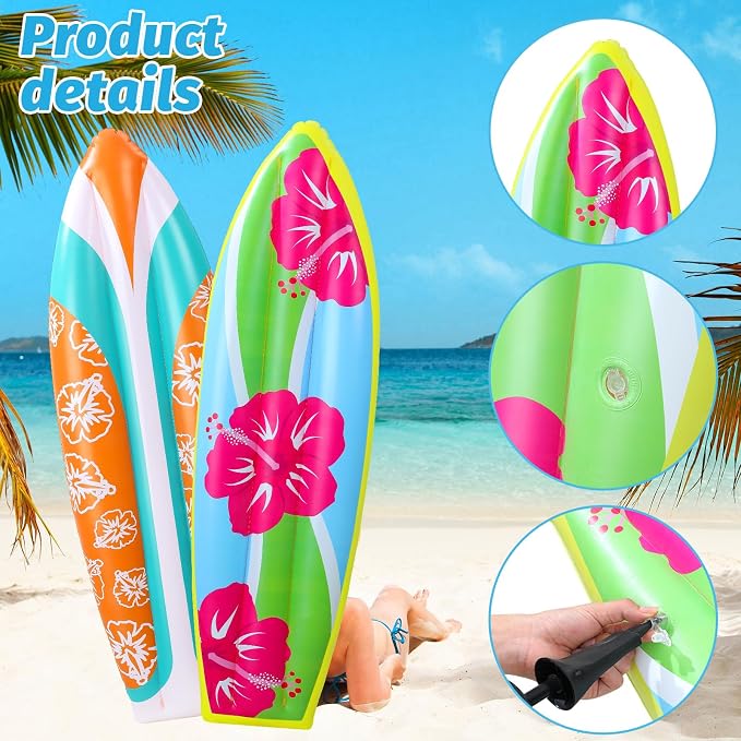 JellyArch 4 Pcs Jumbo Inflatable Surf Board 59 Inch Large Inflatable Pool Floats Luau Hawaiian Party Decorations Tropical Flower Blow up Surfboard for Wall Beach Party Decorations