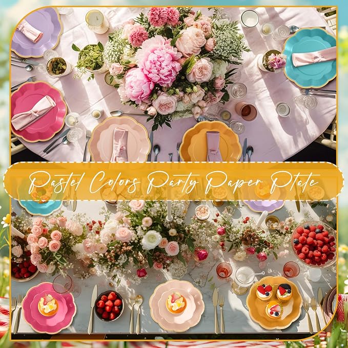 72 Pcs Candy Color Paper Plates 9 Inch Rainbow Colorful Scalloped Paper Disposable Dinner Dessert Plates for Birthday Wedding Bridal Party Supplies, 6 Colors