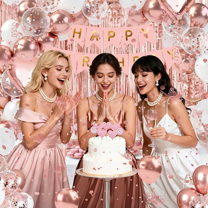 Rose Gold Butterfly Birthday Decorations Kit, All in One Pink Happy Birthday Banner Fringe Curtain Heart Foil Balloons Tableware Set, Girls Women Birthday Party Supplies Backdrop Decor