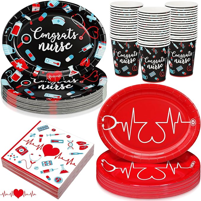 Vesici 150 Pcs Nurse Graduation Party Supplies Congrats Nurse Tableware Set Oval Paper Plate Cup and Napkin 10" x 12" Large Heavy Duty Disposable Plate for Rn School Graduation Celebration, Serves 50