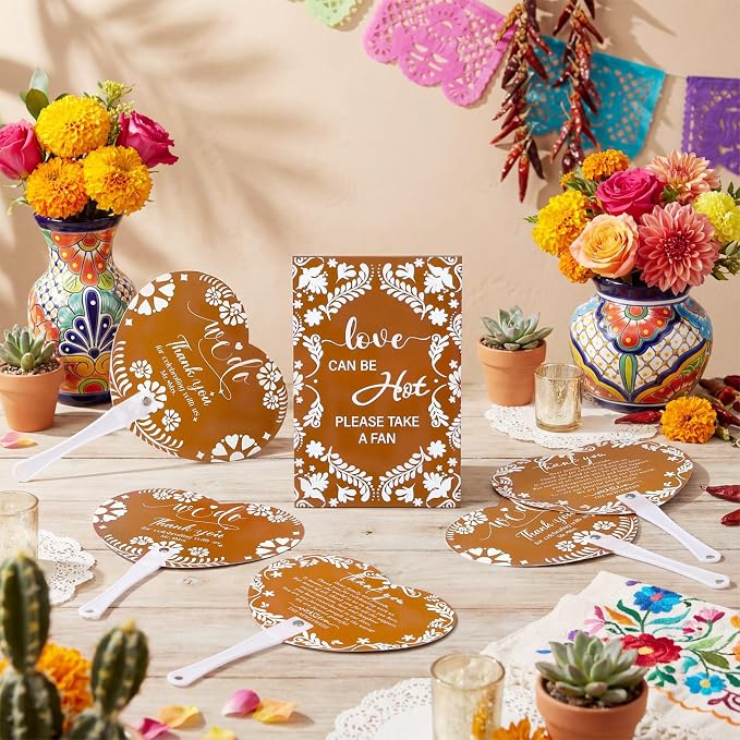 Roowest 101 Pcs Wedding Fans for Guests 100 Pcs Cielito Lindo Hand Fans 1 Table Sign Mexican De Barro Papel Picado Thank You for Celebrating with Us with Wooden Handle for Bridal Shower Fiesta Gift