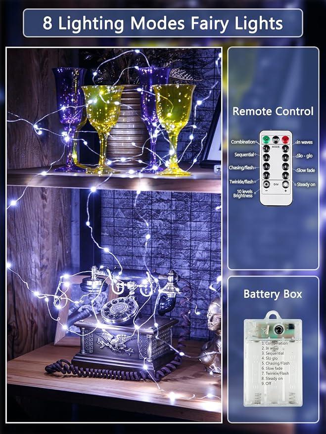 6 Pack Battery Operated Fairy Lights with Remote Twinkle Lights Cool White | Each 80LED 26FT, Waterproof Wire, 8 Modes & Timer, LED String Lights Indoor Outdoor for Christmas Party Bedroom Wreath Decor