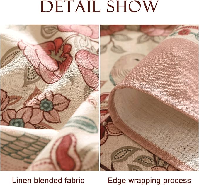 patdrea Vintage French Linen Tablecloth,Square,67"x67"-Kulom A | Elegant Table Cloth for Square Table,Leaves and Bird Patterned,Dining Room Tea Party Thanksgiving Decor,Pink