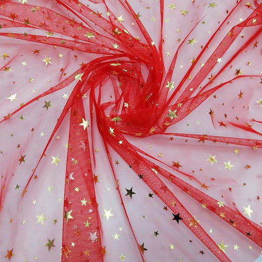 Glitter Star Bobbinet Tulle Netting Fabric By The Yard 62" Wide Red 1yard