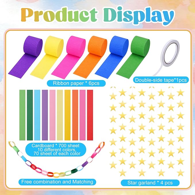 700 Sheet Paper Chain Strips and Star Garland Set, Rainbow Paper Chains and 52 ft Gold Stars Decor with 492 ft Crepe Paper Streamers for DIY Crafts Pride Month Birthday Wedding Theme Party
