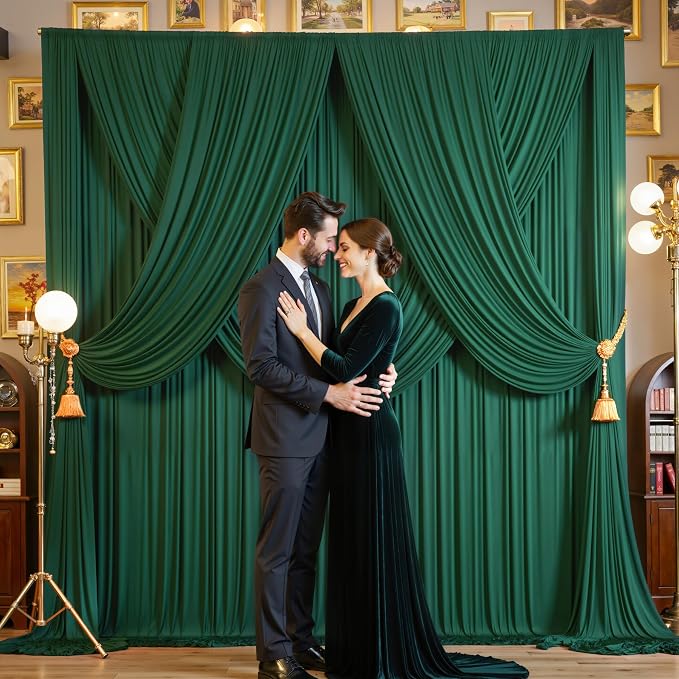 10ftx12ft Wrinkle Free Hunter Green Backdrop Curtain, 2 Panels 12FT Height Wedding Backdrop Drapes, Silky Polyester Back Drop Cloth for Birthday Photography Background Party Backdrop Draping