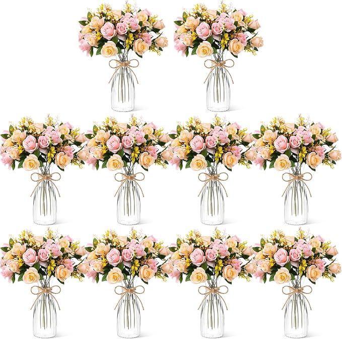 Zeyune 31 Pcs Rose Artificial Flowers with Vase Bulk for Table Centerpiece, 20 Bundles Fake Silk Roses 10 Plastic Clear Vase with 1 Pcs Rope Arrangement Decoration Wedding Home Party(Champagne,Pink)