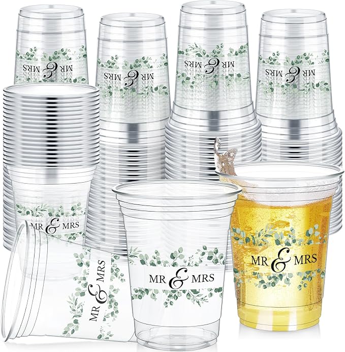 Jingmore 200 Pcs Wedding Plastic Cup 12 oz Wedding Disposable Cups for Reception Thick Clear Cup Happily Ever After Mr and Mrs Just Married Cups for Bridal Shower Decorations (Green Floral)