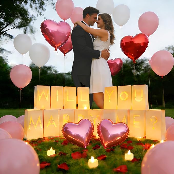 Will You Marry Me Light Up Letters Proposal Decorations,Glowing Luminary Letter Bags with LED Tea Lights, Rose Petals,Heart Balloons for Proposal,Engagement Party,Valentine’s Day,Romantic Night