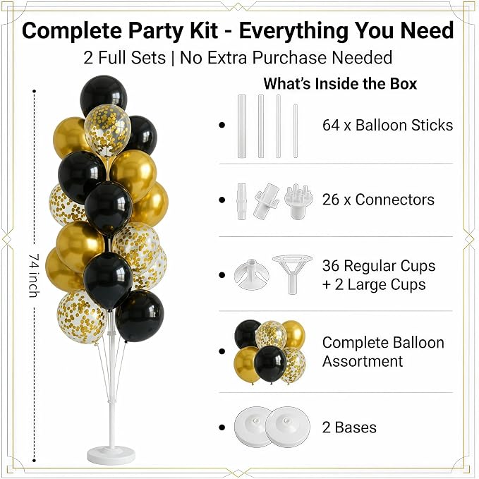 Balloon Column Kit Set of 2 With Confetti Balloons Included - with Base, and Pole,Balloon Tower Backdrop Decoration for Wedding, Baby Shower, Birthday Party, or Bachelorette Parties (Black Gold)