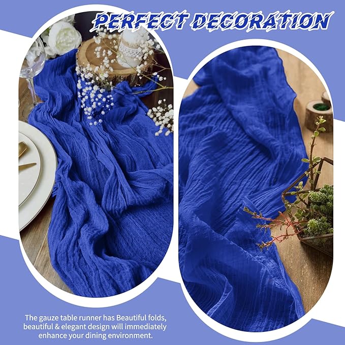 10 Pack Royal Blue Cheesecloth Table Runner 17x108 Inch Semi Sheer Boho Gauze Cheese Cloth Table Runners, for Wedding Bridal Shower Birthday Party Home Decor Garden Farmhouse