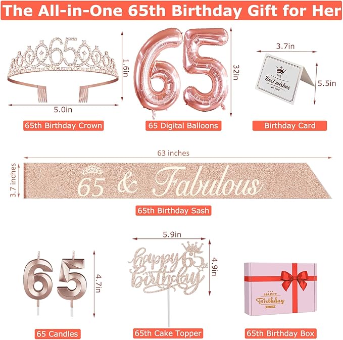 65th Birthday Decorations for Women, Including 65th Birthday Sash and Tiara, Cake Topper and Candles, Number Balloons, 65 Year Old Gifts Women