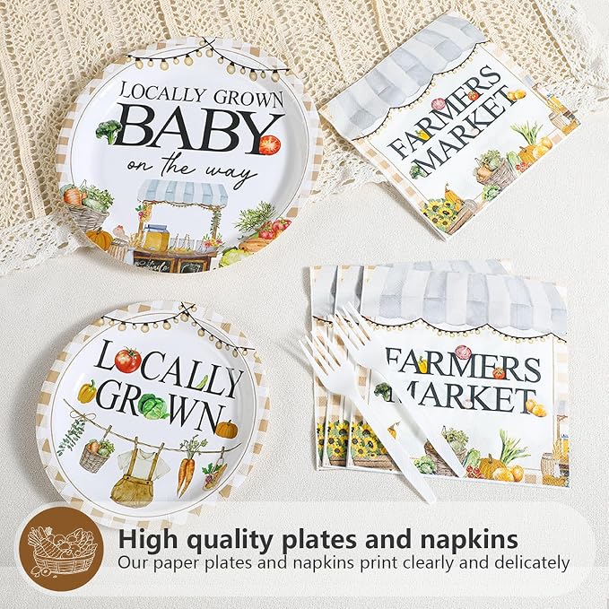 Grencian 96Pcs Locally Grown Baby Shower Decorations Farmers Market Party Plates and Napkins Vegetable Theme Disposable Tableware for Food Market Party Baby Shower Decorations Serves 24