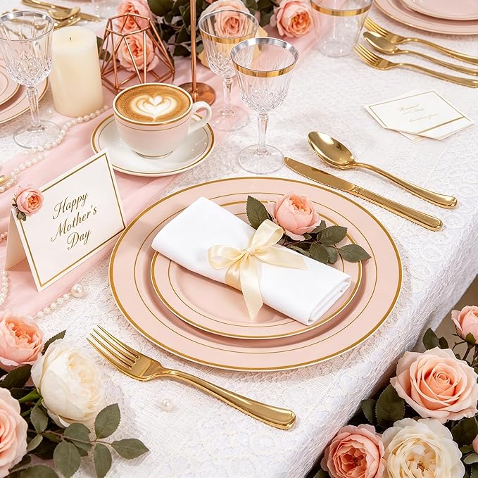 GATHER 700PCS Pink Plastic Plates - Gold Rim Disposable Plastic Dinnerware Set Include 200 Pink Plates, 300 Silverware, 100 Napkins, 100 Cups for Party & Wedding & Mother's Day
