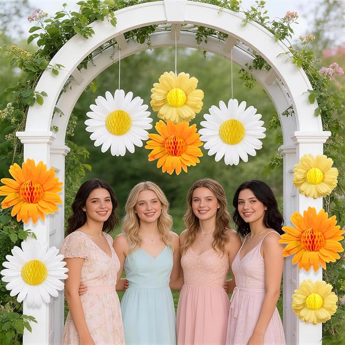 SUNBEAUTY 9PCS Paper Flower Party Decorations Yellow Orange Giant Paper Flowers 3D Daisy Honeycomb Hanging Decorations for Girls Birthday Boho Sun Party Spring Garden Wedding Classroom Baby Shower