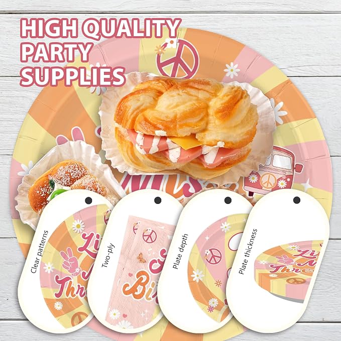 96Pcs Groovy 3rd Birthday Party Decorations Hippie Boho Plates and Napkins Disposable Little Miss Threenager Tableware Sets for Girls 3 Year Old Birthday Hippie Boho Party Supplies, Serve 24