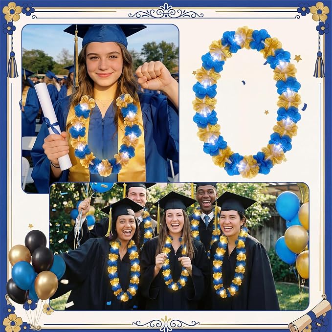 Sherr 48 Pcs Graduation LED Hawaiian Leis Class of 2026 Light Up Flower Leis Necklace with LED Lights Gold Blue Luau Flowers Necklaces for Graduation Party Decoration Supplies