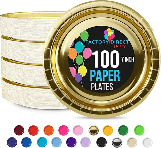 Exquisite Gold Paper Plates Disposable Heavy Duty 7 Inch Gold Disposable Plates For Party 100 Pcs Heavy Duty Paper Plate 350 GSM, Birthday Party Supplies Plate Set