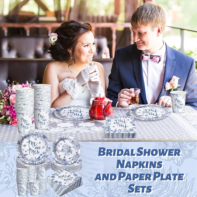 Zhehao 250 Pcs Mr. and Mrs. Bridal Shower Plates Napkins Sets 50 Pcs Floral 9'' Dinner Plates and 7'' Dessert Plate and 9oz Cup 100 Napkin Serves 50 Bridal Shower Decoration Engagement Party Supplies
