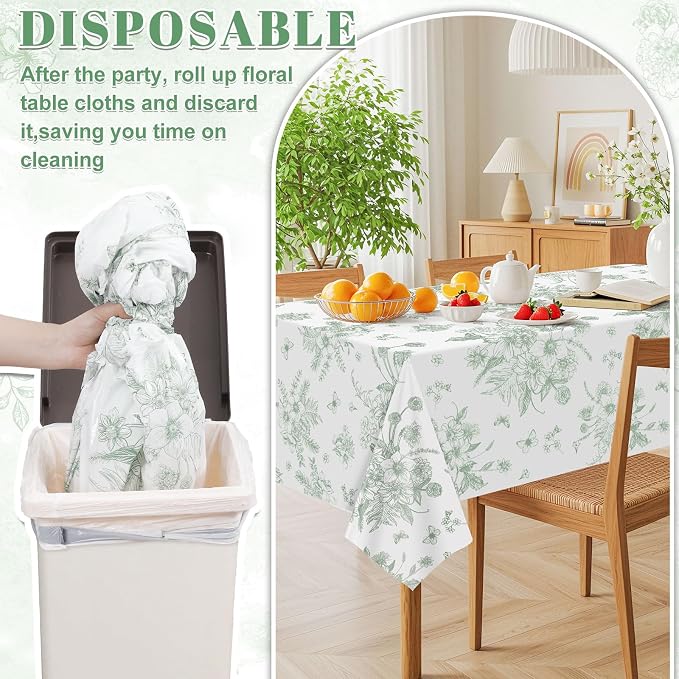 6 Pack Sage Green Floral Plastic Tablecloths, 54 X 108Inch Tea Party Tablecloth Disposable Table Cloths Green and White Porcelain Tables Decor for Garden Wedding Tea Party Birthday Baby Bridal Shower